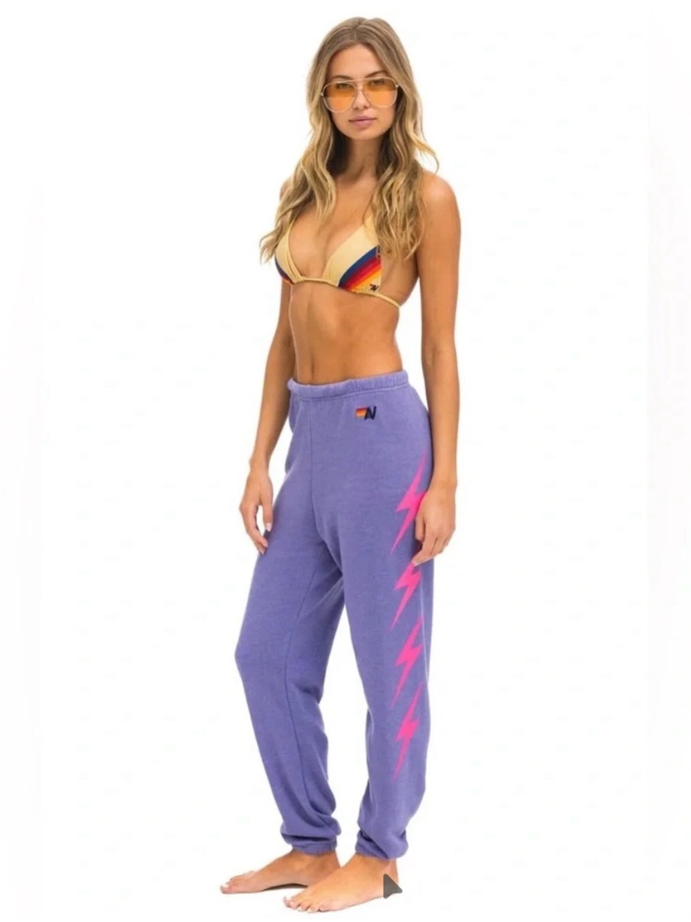 Aviator Nation Purple Track Pants with Pink Lightning Bolts